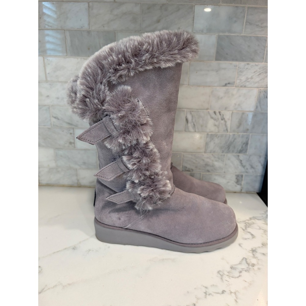 Bearpaw Womens Tall Suede Boots Lavender Grey Faux Fur Bow Trim Winter Boots
